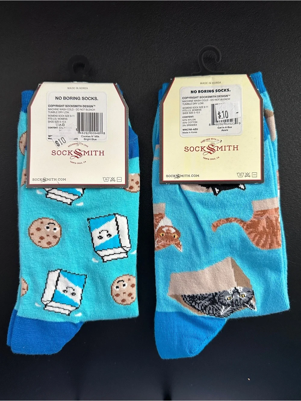 Women’s Novelty Socks 2 pair Lot- Milk & Cookies and Cats in boxes